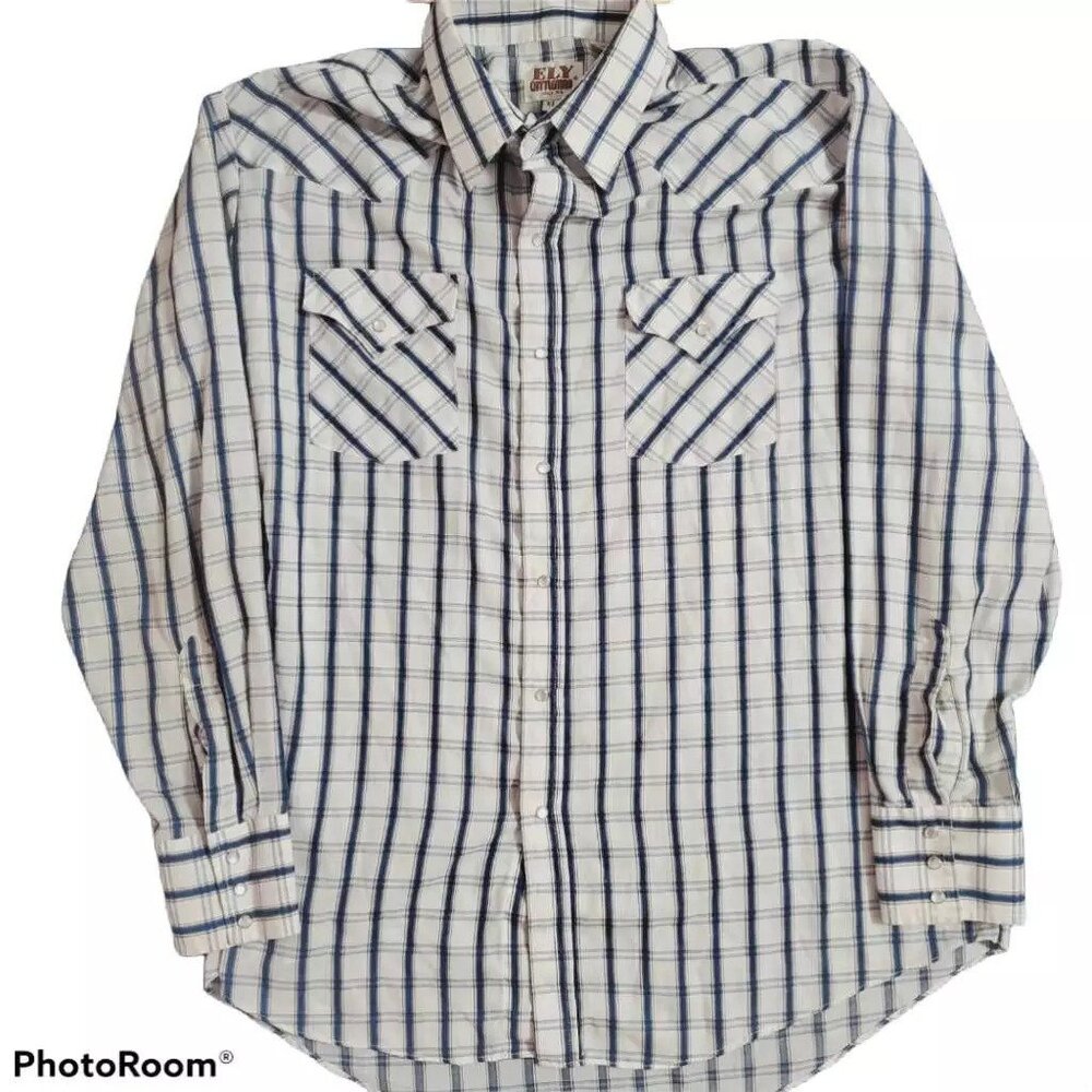 Ely Cattleman Mens Vintage Western Cowboy Shirt Blue White Pearl Snap Buttons XL